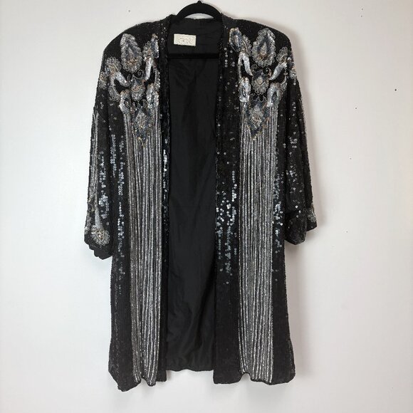 Cache Women’s Black Vintage Sequin & Beaded Open-Front Jacket W/Shoulder Pads - Picture 1 of 10